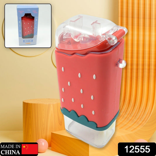 Portable Cute Water Bottle for Kids, Unique Ice Cream Shape water cup, sicle Shaped Plastic Kettle with Straw, Adjustable Shoulder Strap, BPA free, Leakproof (300 ML)